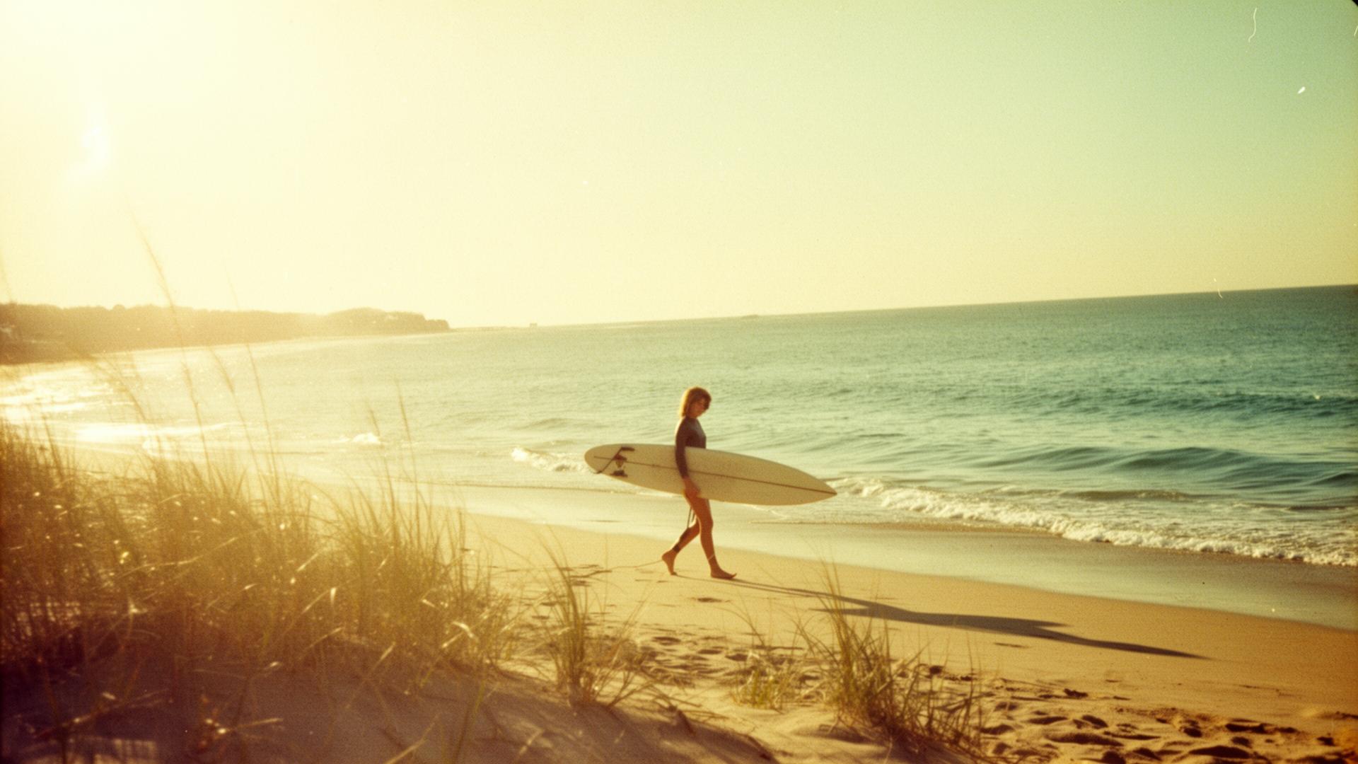 Surfer walking along a Rhode Island beach at golden hour